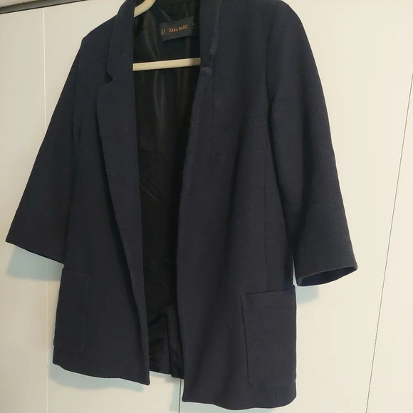 Zara open front Waffle Knit Textured Blazer Jacket Navy M Academia Preppy - Picture 5 of 5